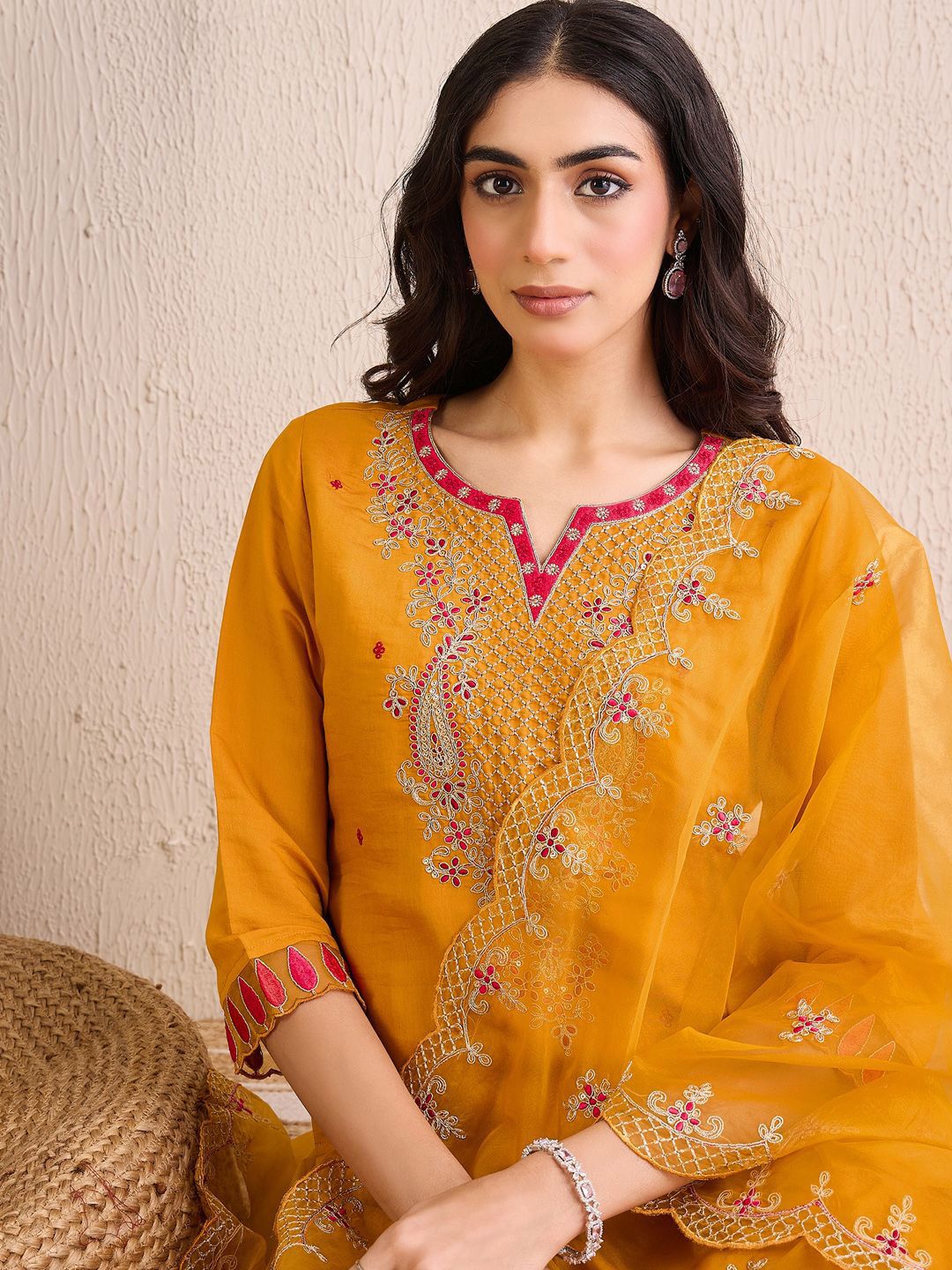 Women Ethnic Motifs Embroidered Regular Gotta Patti Kurta with Trousers & With Dupatta