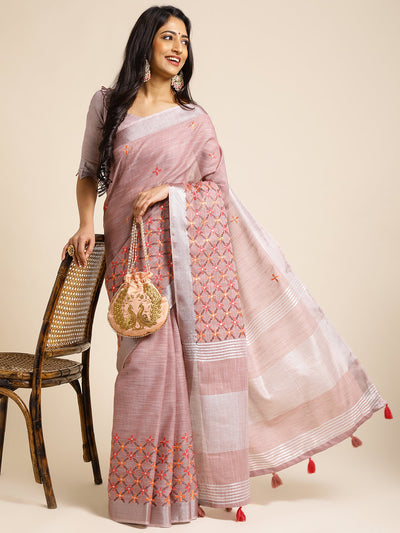 Indyancart GR Women's CT Lavender Cotton Linen Silk Embroidered Saree