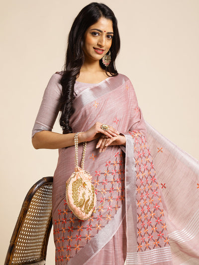 Indyancart GR Women's CT Lavender Cotton Linen Silk Embroidered Saree
