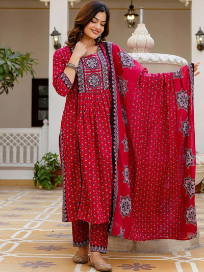Dhiyona IE Ethnic Motifs Printed A Line Pure Cotton Kurta With Trousers & Dupatta