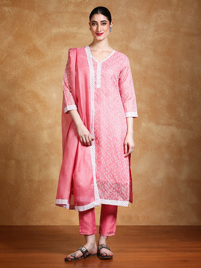 Indyancart VA Women's Floral Embroidered Regular Thread Work Kurta with Trousers & With Dupatta