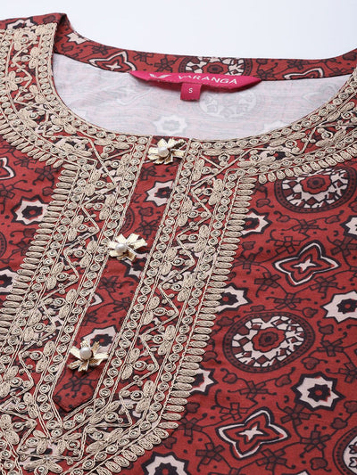 Indyancart VA Women's Maroon Ethnic Motifs Embroidered Kurta with Palazzos