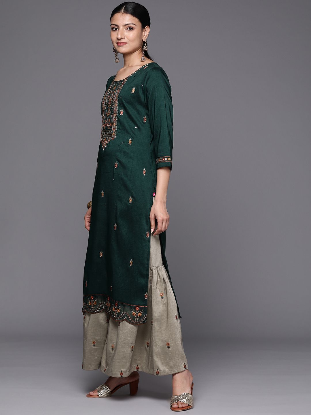Indyancart VA Floral Yoke Design Thread Work Kurta with Sharara & With Dupatta