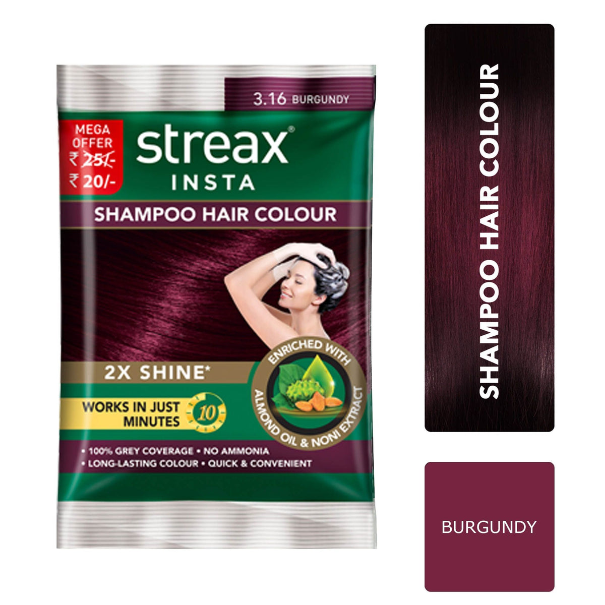 Streax Insta Shampoo Hair colour for 100% Grey Coverage, Burgundy