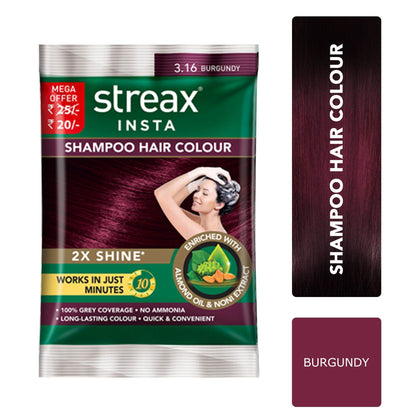 Streax Insta Shampoo Hair colour for 100% Grey Coverage, Burgundy