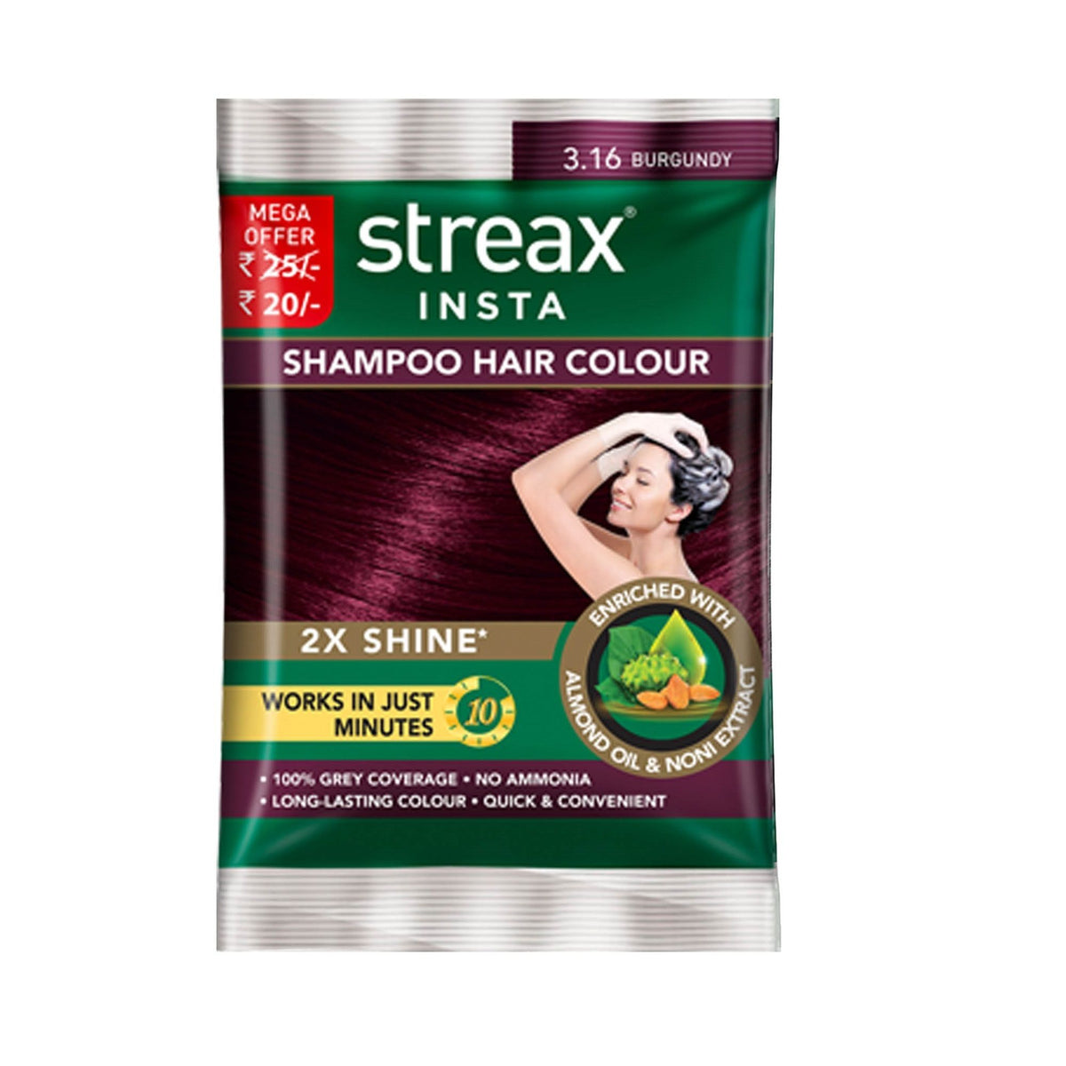 Streax Insta Shampoo Hair colour for 100% Grey Coverage, Burgundy