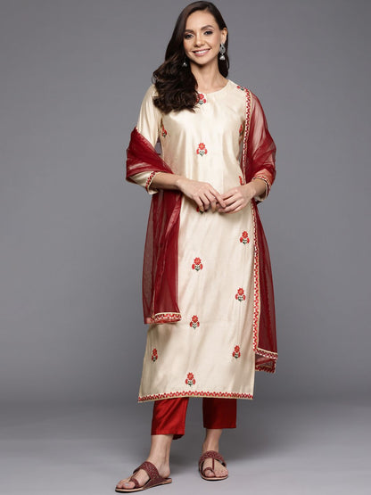 Indyancart IE Women Off White Ethnic Motifs Embroidered Sequinned Kurta with Palazzos & With Dupatta