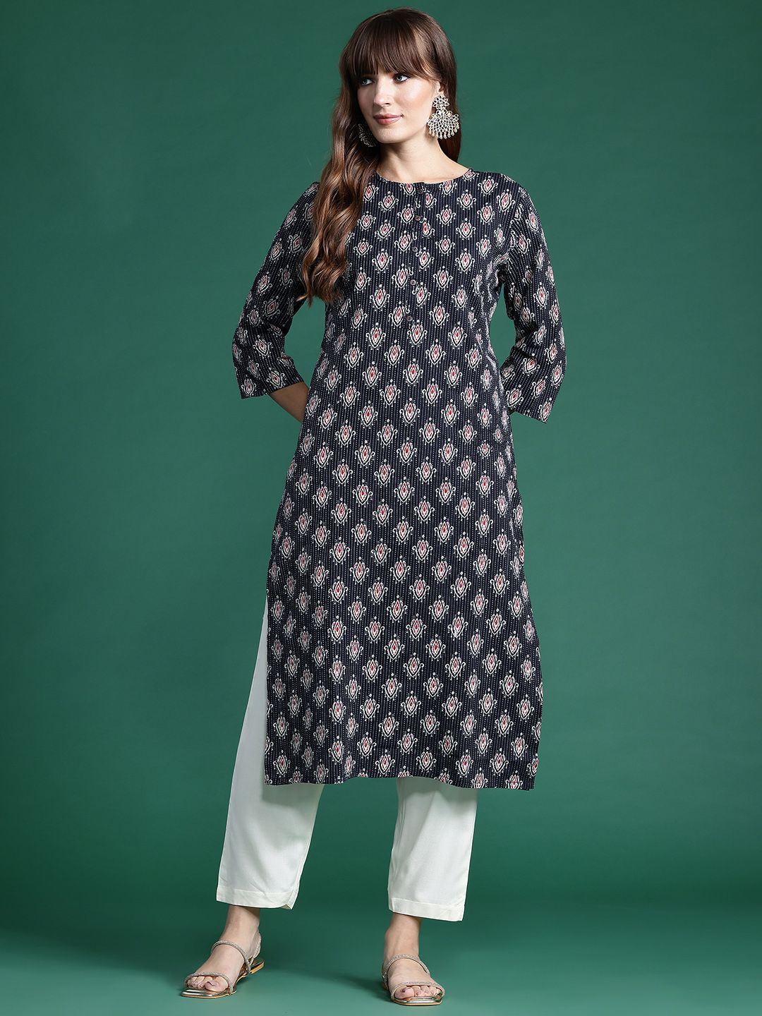 Indyancart IE Ethnic Motifs Printed Kantha Work Pure Cotton Kurta
