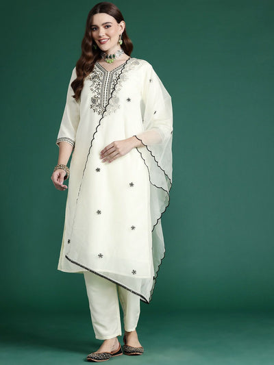 Indyancart IE Ethnic Motifs Embroidered Zari Kurta With Trousers & Dupatta