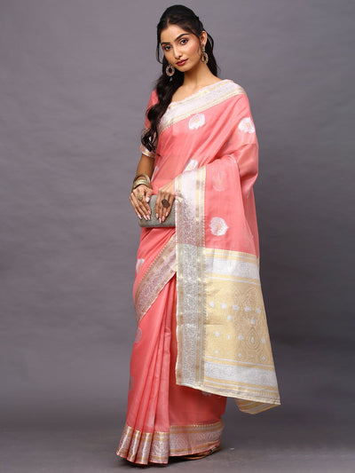 Women's Silk Cotton Pink Woven Design Woven saree With Blouse Piece