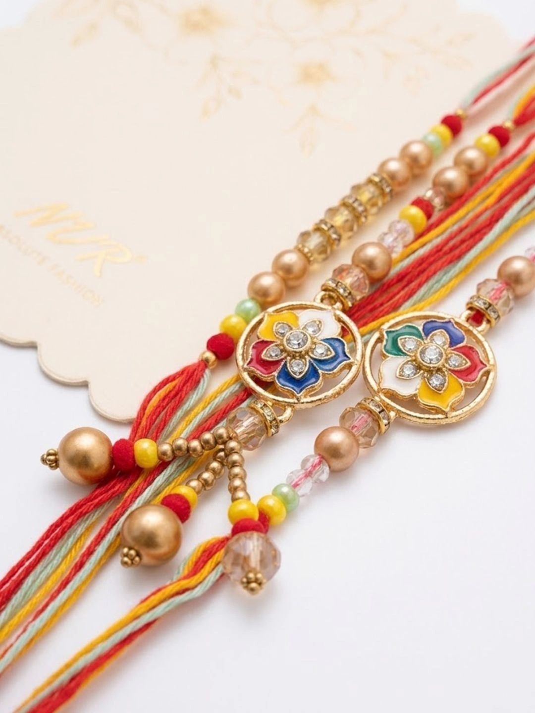 Anouk Set Of 4 Artificial Beads Family Pack Thread Rakhi With Roli Chawal Chandan Mishri
