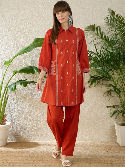 Ethnic Motifs Embroidered Thread Work Pure Cotton Kurta With Trouser