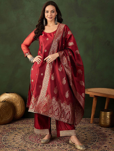 Indyancart SN Women's Woven Design Kurta & Palazzo With Dupatta