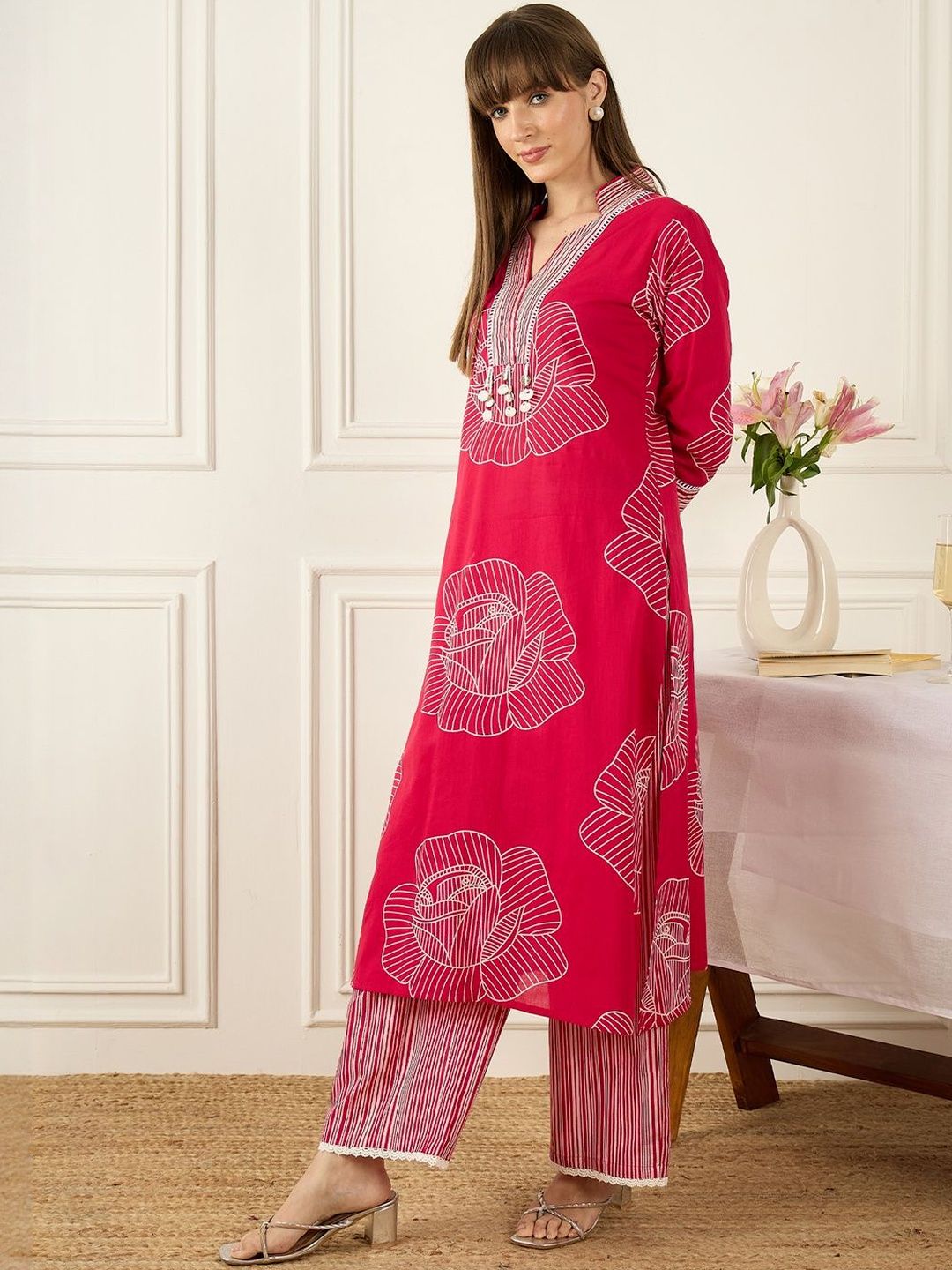 Floral Printed Thread Work Pure Cotton Kurta With Palazzos