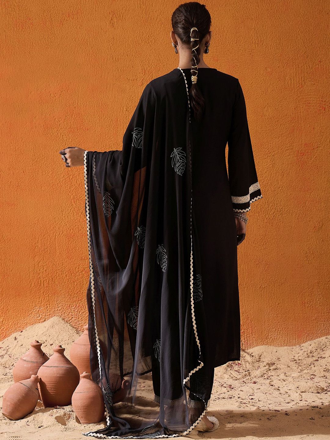 Dhiyona IE Black Floral Embroidered Mirror Work Straight Kurta With Trousers & Dupatta