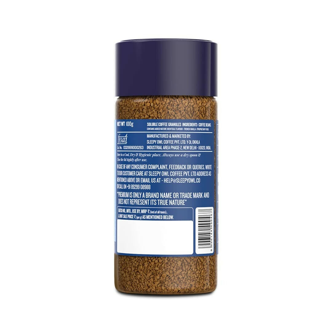 Sleepy Owl French Vanilla premium instant coffee powder in a jar, showing the creamy vanilla flavor and coffee granules.
