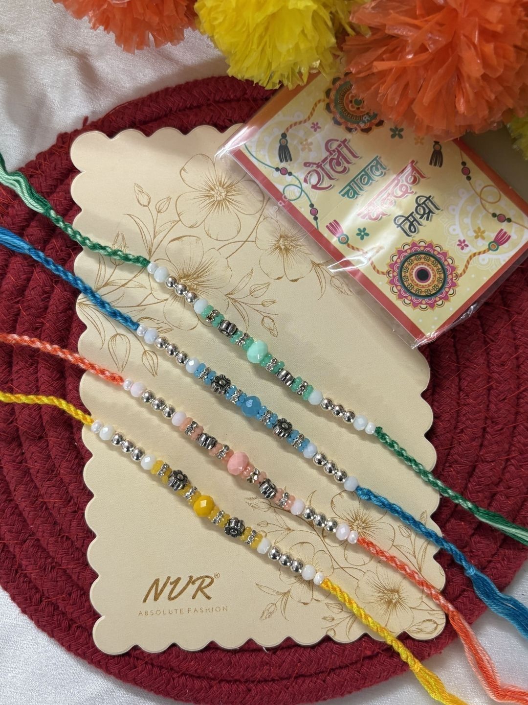 Anouk Set Of 4 Multicolor Artificial Beads Thread Rakhi With Roli Chawal Chandan Mishri