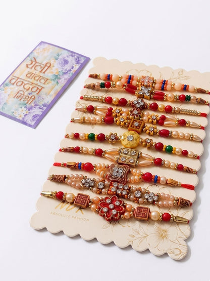 Anouk Set Of 10 Multicolor Designer Thread Rakhi With Roli Chawal Chandan Mishri