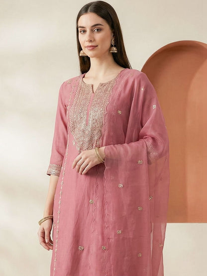 Indyancart IE Women Ethnic Motifs Embroidered Thread Work Kurta with Palazzos & With Dupatta