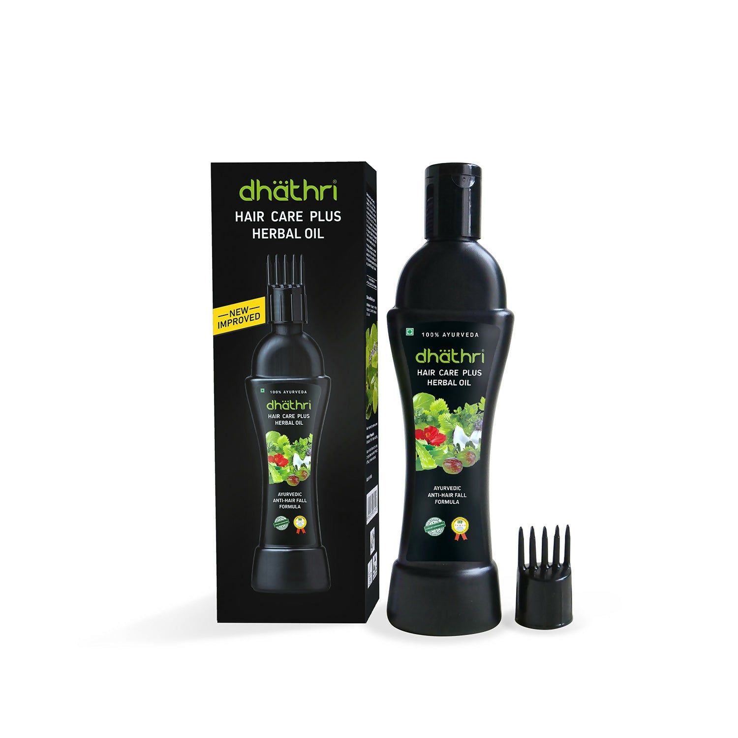 Dhathri Ayurveda Hair Care Plus herbal oil bottle for hair growth and reducing hair fall, with natural herbal ingredients.