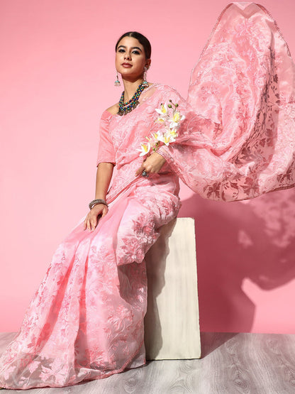 Women's Organza Pink Embroidered Designer Saree With Blouse Piece