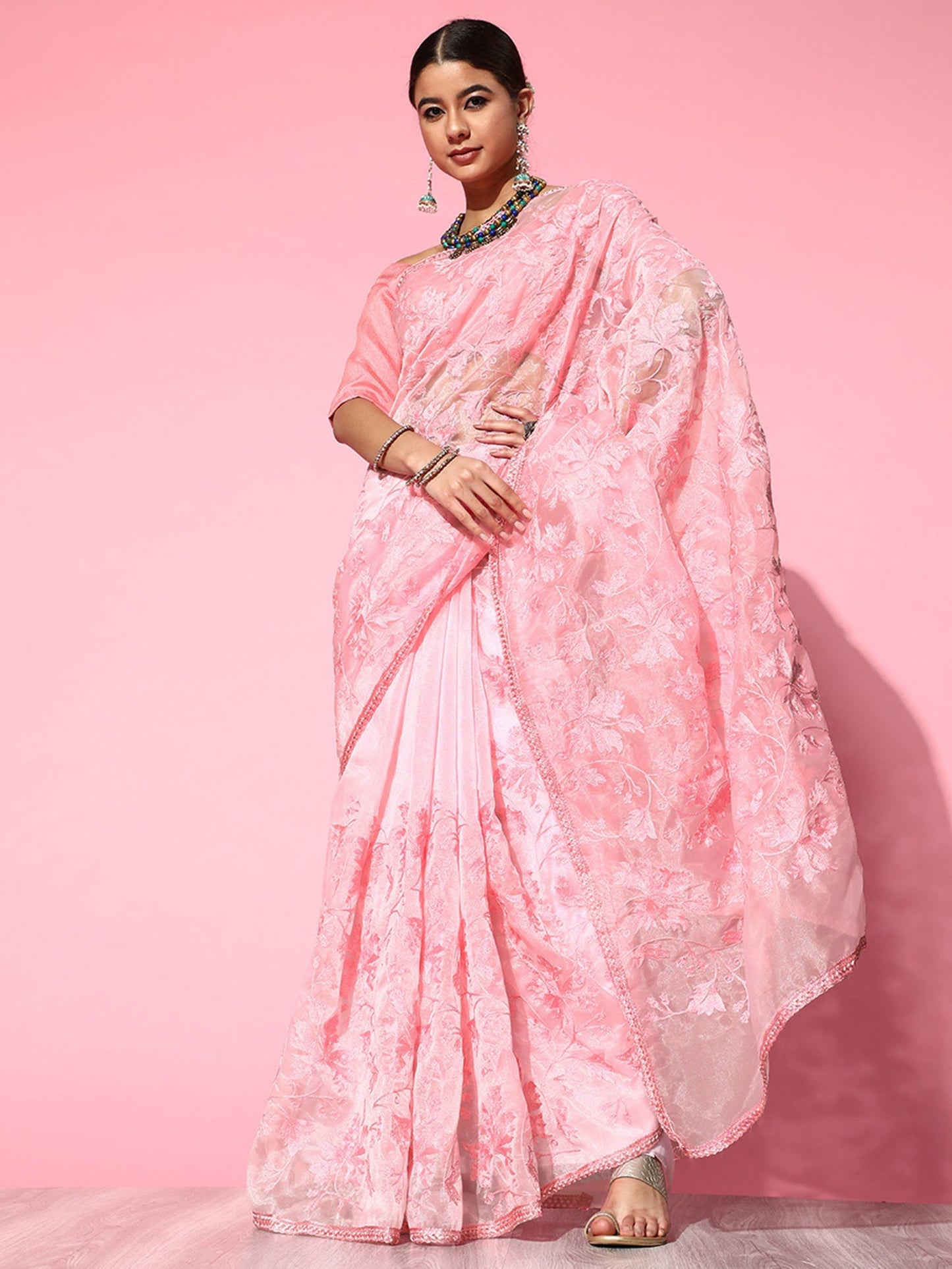 Women's Organza Pink Embroidered Designer Saree With Blouse Piece