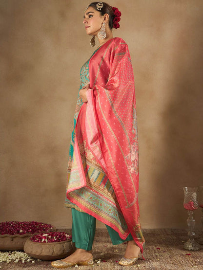Dhiyona IE Women Floral Printed Regular Beads and Stones Kurta with Trousers & Dupatta