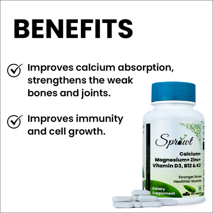 Sprowt Calcium Magnesium Zinc Vitamin D3, B12 & K2 Tablets - Indyancart