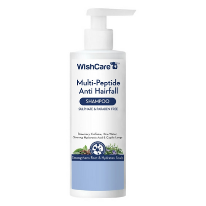 WishCare multi-peptide anti-hair fall shampoo with rosemary, showing the shampoo bottle with botanical ingredients on the label.