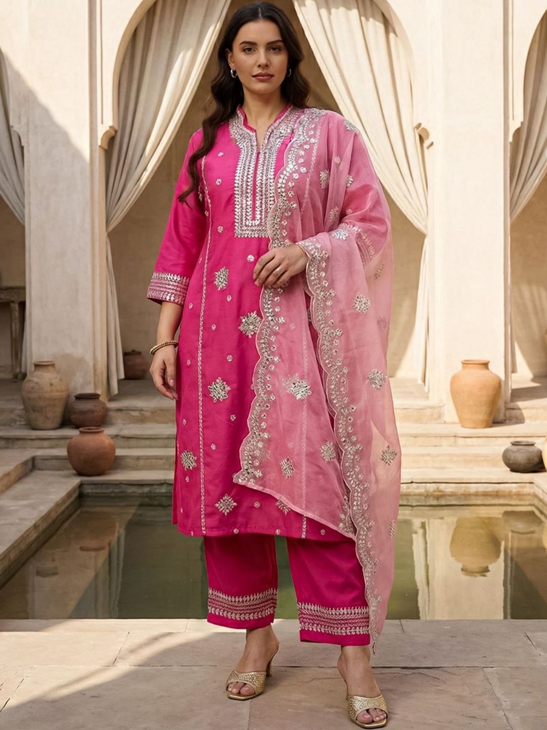 Indyancart Women's Ethnic Motifs Embroidered Regular Thread Work Kurta with Trousers & With Dupatta