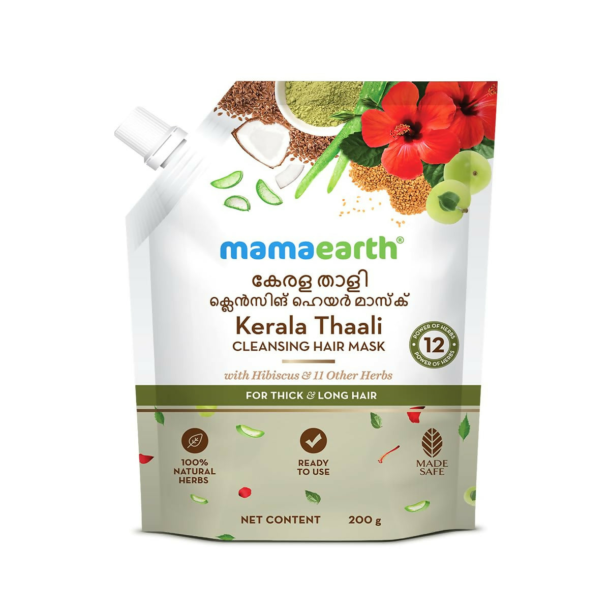 Mamaearth Kerala Thaali Cleansing Hair Mask with 12 herbs, shown in a jar, designed for thick and long hair.