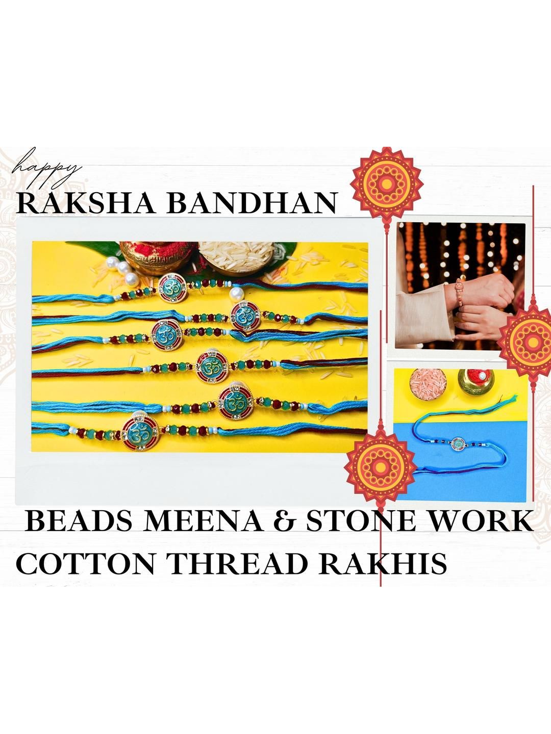 Anouk Set Of 6 Beaded Cotton Thread with AD Stones & Meenakari Designer Rakhi for Brother