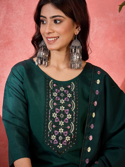 Indyancart SN Women's Floral Embroidered Thread Work Pure Silk Straight Kurta & Trousers With Dupatta