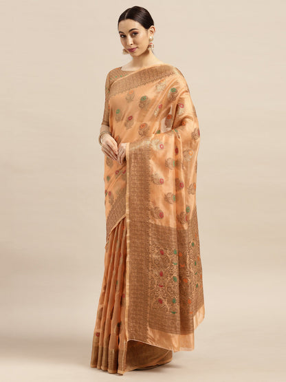 Women's Silk Blend Orange Woven Design Designer Saree With Blouse Piece