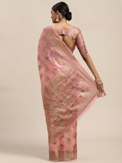 Women's Silk Blend Pink Woven Design Designer Saree With Blouse Piece