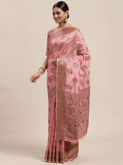Women's Silk Blend Pink Woven Design Designer Saree With Blouse Piece