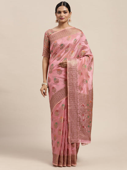 Women's Silk Blend Pink Woven Design Designer Saree With Blouse Piece