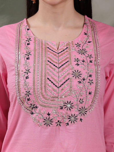 Indyancart SN Women's Embroidered Pure Cotton Straight Kurta With Trousers & Dupatta