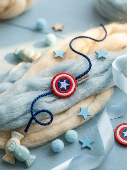 Anouk Stylish Red & Blue Avengers Design Kids Rakhi With Roli Chawal Chandan Mishri