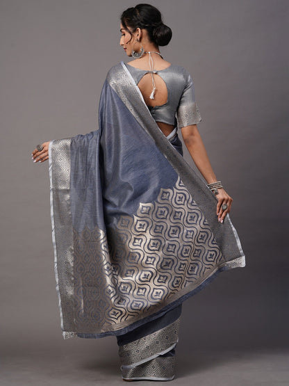 Women's Linen Blend Blue Woven Design Celebrity Saree With Blouse Piece