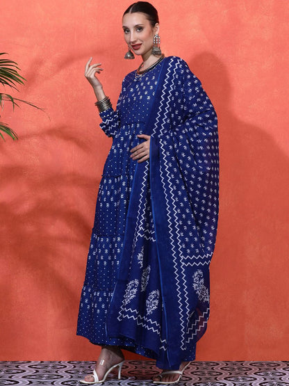 Indyancart SN Women's Floral Printed Pure Cotton A-Line Kurta & Trousers With Dupatta