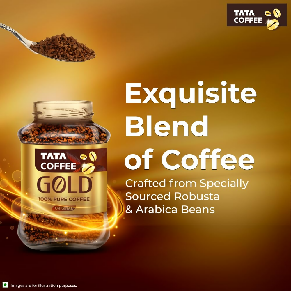 Tata Coffee Gold Original instant coffee jar with a clear label, showcasing the coffee powder inside.