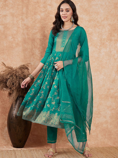Indyancart SN Women's Floral Woven Design Kurta with Trousers & Dupatta
