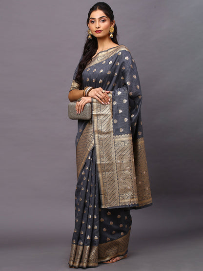 Women's Silk Blend Grey Woven Design Woven saree With Blouse Piece