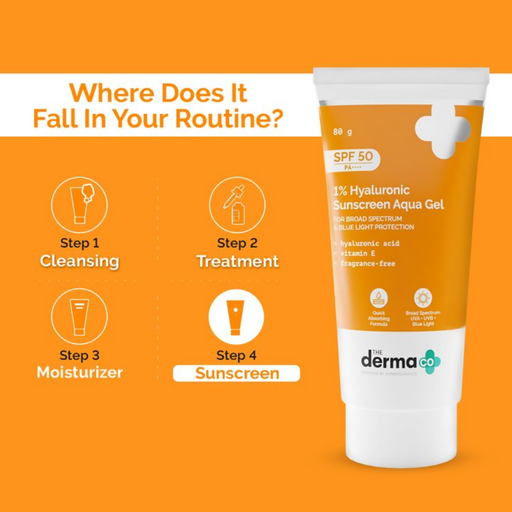The Derma Co 1% Hyaluronic Sunscreen Aqua Gel with SPF 50, lightweight gel formula in a white tube.