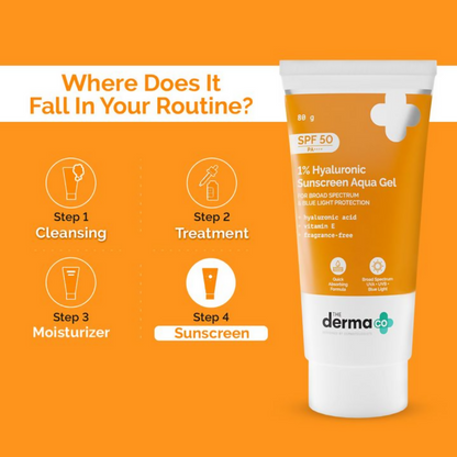 The Derma Co 1% Hyaluronic Sunscreen Aqua Gel with SPF 50, lightweight gel formula in a white tube.