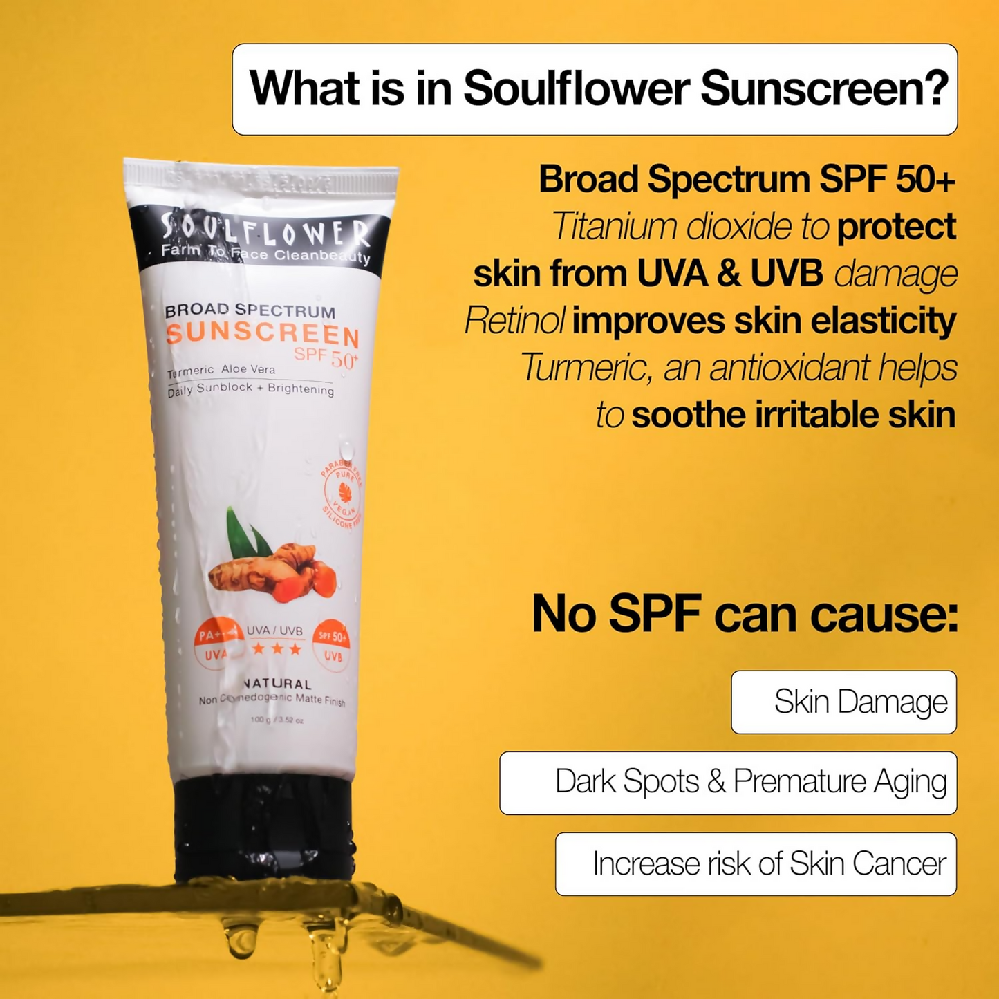 Soulflower broad spectrum SPF 50+ PA+++ sunscreen tube with protective cap, designed for sun protection and skincare.