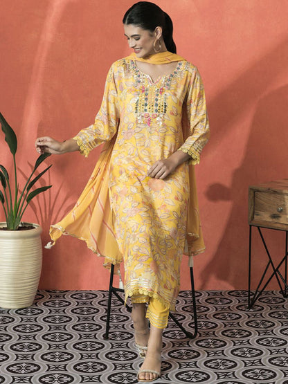 Indyancart SN Women's Floral Embroidered V-Neck Mirror Work Cotton Straight Kurta With Trouser & Dupatta