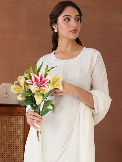 Women Floral Embroidered Regular Chikankari Pure Cotton Kurta with Trousers & With Dupatta