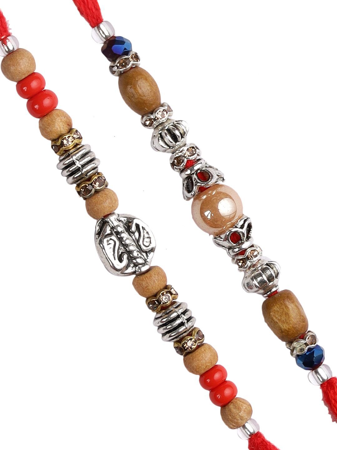 Anouk Set Of 2 Silver-Toned Beaded Rakhi With Roli Rice & Greeting Card